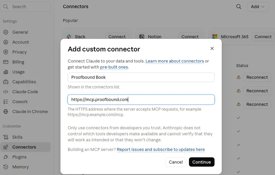 Claude's Add custom connector dialog with the name 'Proofbound Book' and the URL https://mcp.proofbound.com filled in