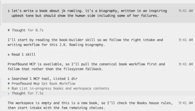 Claude reading the book-builder skill and the ProofBound book workflow after the opening prompt