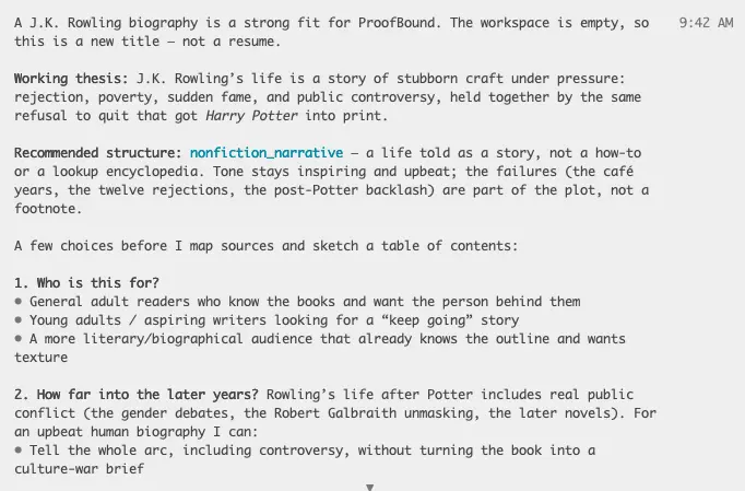 Claude's intake reply: a working thesis about J.K. Rowling, a recommended nonfiction-narrative structure, and numbered questions about audience and scope