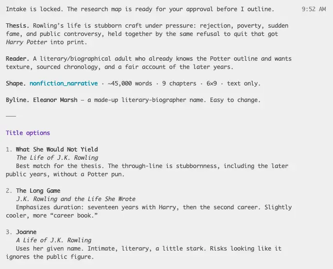 Claude's title options for the Rowling biography: 'What She Would Not Yield', 'The Long Game', and 'Joanne', each with a subtitle and a one-line rationale