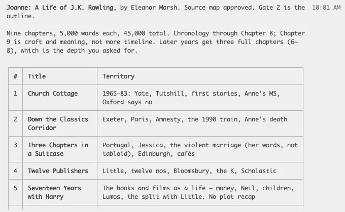 Claude's proposed outline for 'Joanne': a table of nine chapters with the territory each covers, from Church Cottage to Seventeen Years with Harry