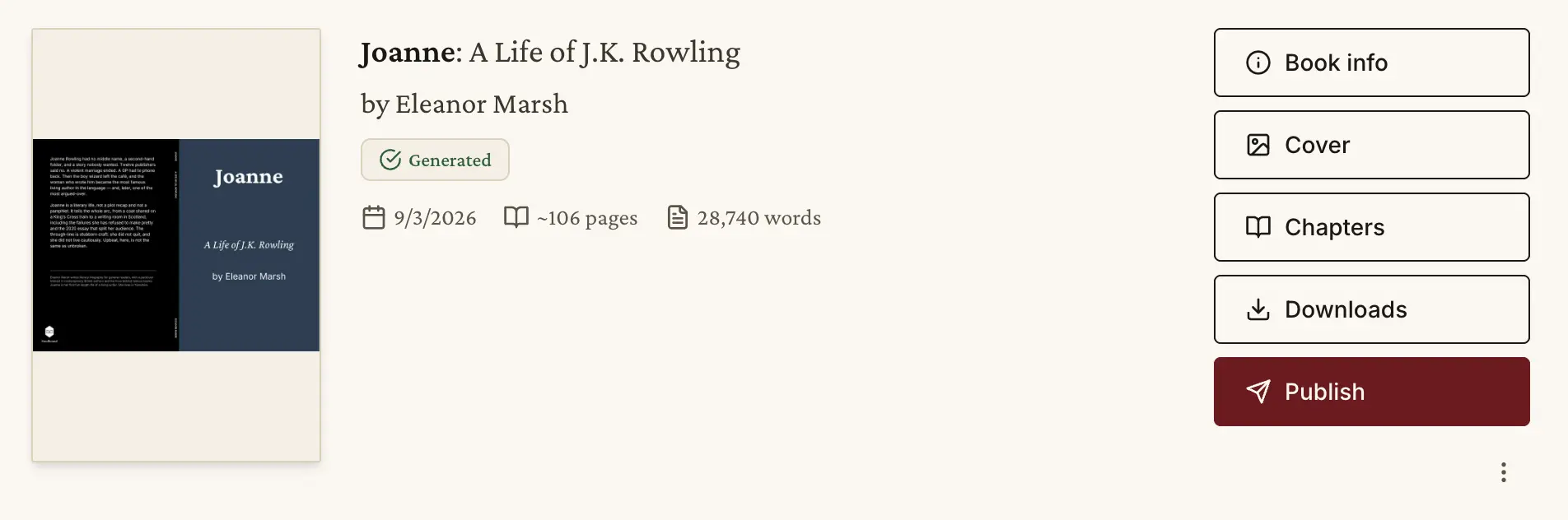 The finished book in ProofBound's My Books: 'Joanne: A Life of J.K. Rowling' by Eleanor Marsh, marked Generated, about 106 pages and 28,740 words, with Book info, Cover, Chapters, Downloads, and Publish buttons