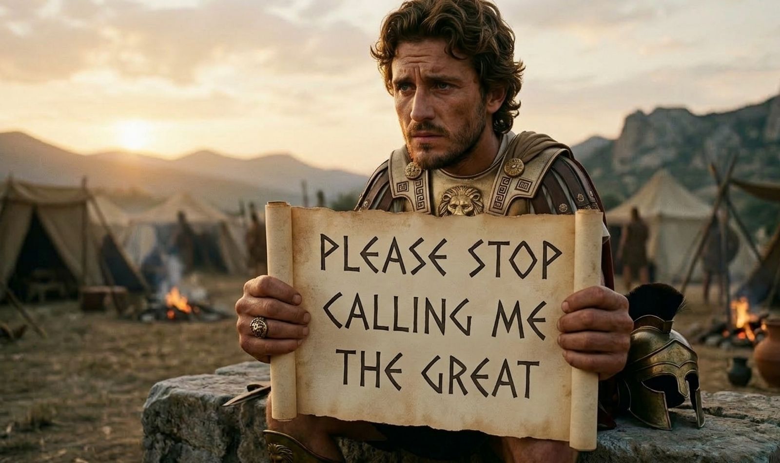 A warrior in Macedonian armor holds a scroll reading 'Please Stop Calling Me The Great'